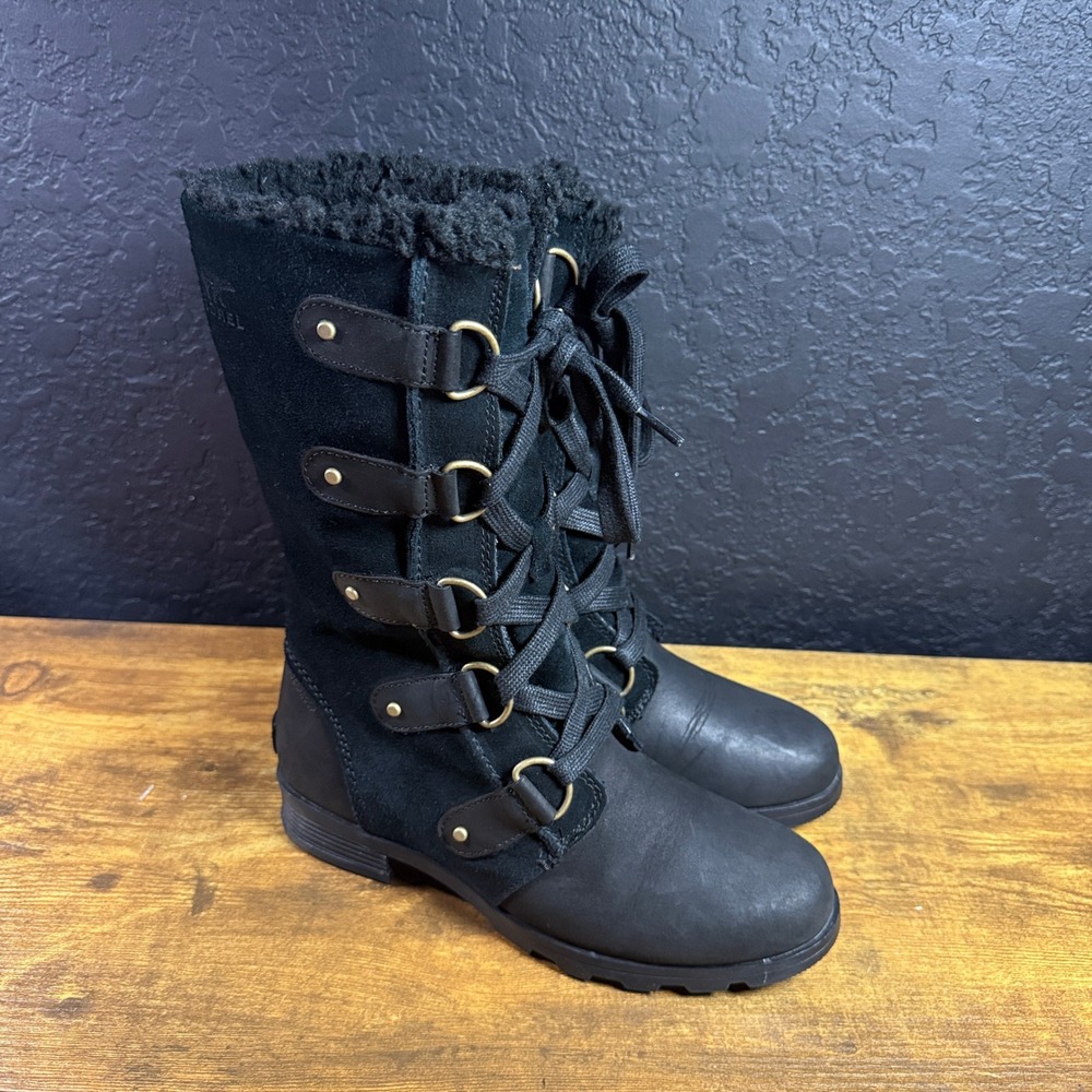 Sorel Emelie Lace NL2680-010 Black Leather Suede Boots Women 7 EU 38